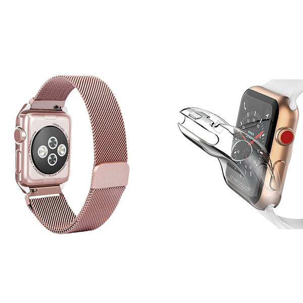 Kit Bracelete Milanese Com Fecho Magnético + Capa de Proteção + Vidro para Apple Watch Series 11 - 42mm - Rosa / Transparente