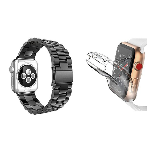 Kit Bracelete de Aço + Ferramenta + Capa Proteção Total para Apple Watch Series 11 - 42mm - Preto / Transparente