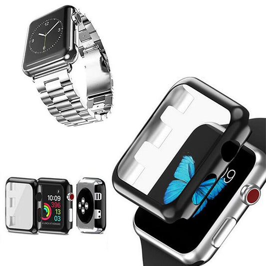 Kit Bracelete de Aço + Ferramenta + Capa de Proteção + Vidro GIFT4ME Compativel Com Apple Watch Series 10 - 42mm - Cinza / Transparente