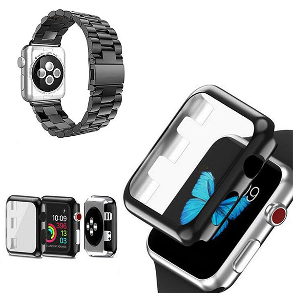 Kit Bracelete de Aço + Ferramenta + Capa de Proteção + Vidro para Apple Watch Series 11 - 46mm - Preto / Transparente