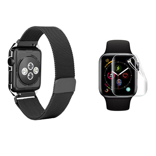 Kit Bracelete Milanese Com Fecho Magnético + Película de Gel Full Cover para Apple Watch Series 11 - 42mm - Preto / Transparente
