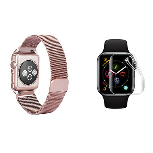 Kit Bracelete Milanese Com Fecho Magnético + Pelicula de Hydrogel GIFT4ME Compativel Com Apple Watch Series 10 - 42mm - Rosa / Transparente