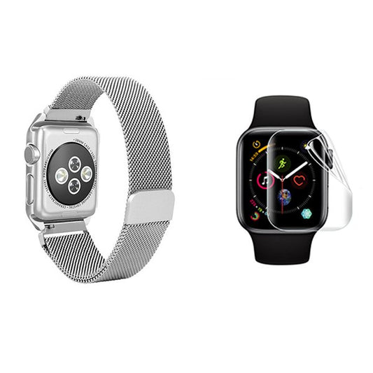 Kit Bracelete Milanese Com Fecho Magnético + Pelicula de Hydrogel GIFT4ME Compativel Com Apple Watch Series 10 - 42mm - Cinza / Transparente