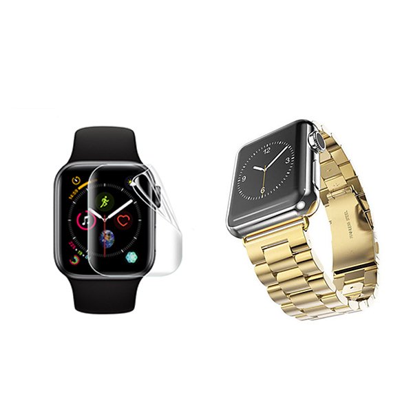 Kit Bracelete de Aço + Ferramenta + Pelicula de Hydrogel GIFT4ME Para Apple Watch Ultra 4 - Ouro / Transparente