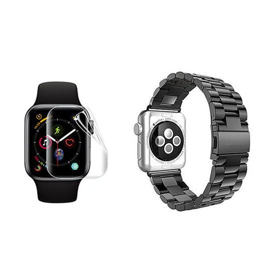 Kit Bracelete de Aço + Ferramenta + Pelicula de Hydrogel GIFT4ME Compativel Com Apple Watch Series 10 - 42mm - Preto / Transparente