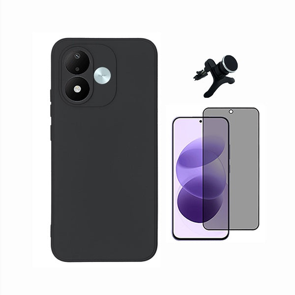 Kit Película de Vidro Temperado Privacidade + Capa Proteção Silicone + Suporte Reforçado de Carro  GIFT4ME Para Xiaomi Redmi Note 17 4G - Preto