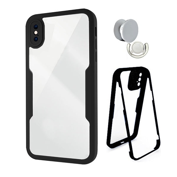 Kit Capa 360° Proteção Frente e Verso + 1 Handholder + 1 Suporte Handholder Branco Gift4Me Para Apple iPhone XS Max  - Preto/Branco