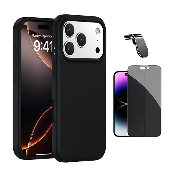 Kit Película de Vidro Temperado Privacidade + Capa Proteção Silicone + Suporte Magnético L GIFT4ME Para Apple iPhone 17 Pro Max - Preto