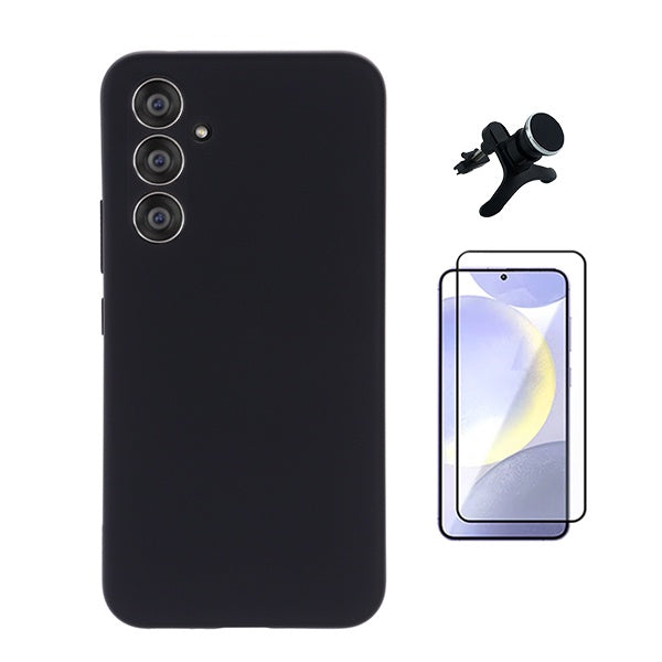 Kit Película de Vidro Temperado Gorilasglass + Capa Proteção Silicone + Suporte Reforçado de Carro Gift4Me Para Samsung Galaxy S24 FE - Preto