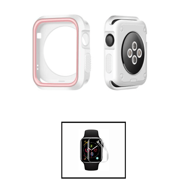Kit Capa de Proteção Reforçada  + Película de Hydrogel para Apple Watch SE 3 - 44mm - Branco / Rosa