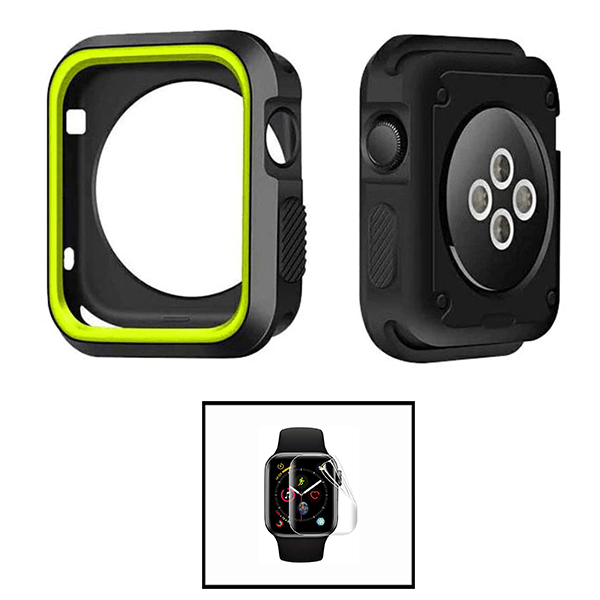 Kit Capa de Proteção Reforçada  + Película de Hydrogel para Apple Watch SE 3 - 44mm - Preto / Verde Fluorescente