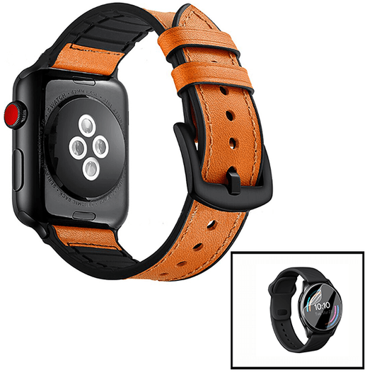 Kit Bracelete Couro e Silicone Premium + Película de Hydrogel GIFT4ME Compativel Com Apple Watch Series 10 - 42mm - Castanho / Preto