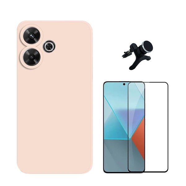 Kit Película de Vidro Temperado Gorilasglass + Capa Proteção Traseira Silicone + Suporte Reforçado de Carro GIFT4ME Compativel Com Xiaomi Redmi 13 - Rosa