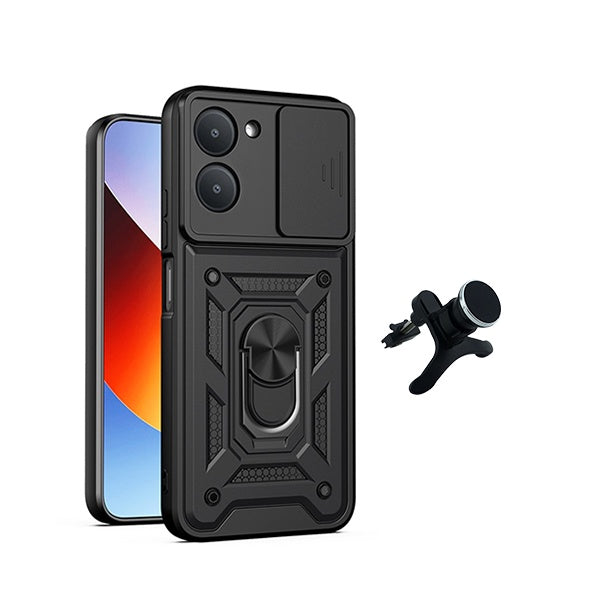 Kit Suporte Magnético Com Pernas + Capa de Proteção Militar Magnética Janela Deslizante GIFT4ME Para Xiaomi Redmi A7 - Preto