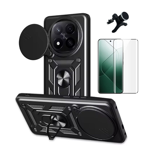 Kit Película de Vidro Temperado Gorilasglass Curvado + Capa de Proteção Militar Magnética + Suporte Magnético Com Pernas  Gift4Me Para Xiaomi Redmi Note 14 Pro + Plus - Preto