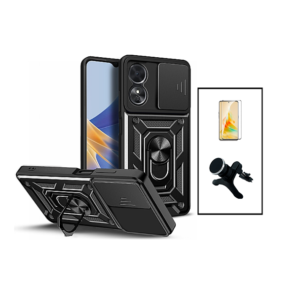 Kit Película de Vidro Temperado GorilasGlass + Capa de Proteção Militar Magnética + Suporte Magnético Com Pernas para Oppo A98 - Preto