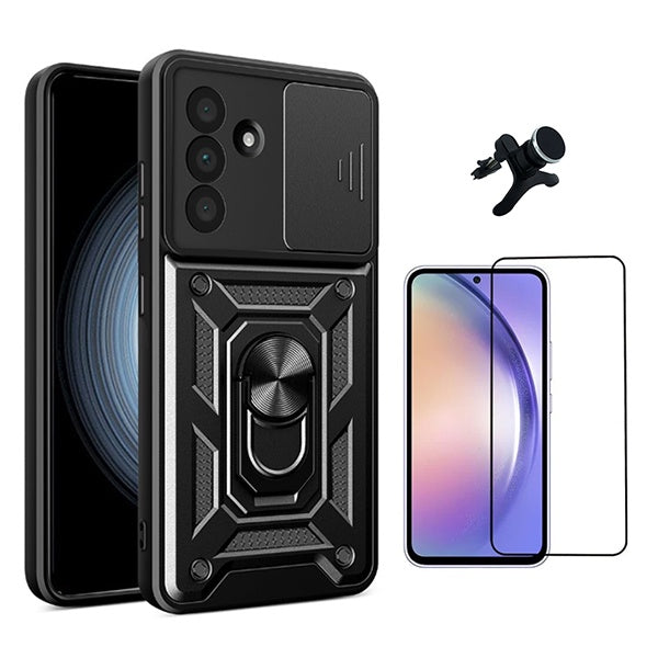 Kit Película de Vidro Temperado Gorilasglass + Capa de Proteção Militar Magnética Janela + Suporte Magnético Com Pernas GIFT4ME Para Samsung Galaxy A56  - Preto