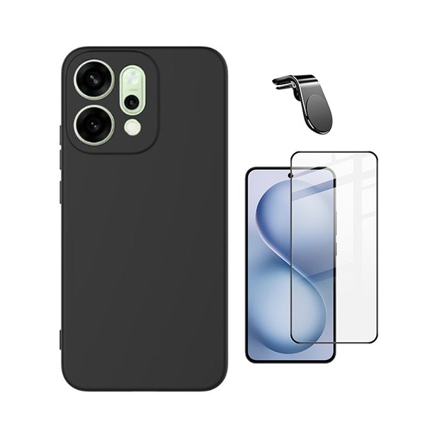 Kit Película de Vidro Temperado Gorilasglass Curvado + Capa Proteção Silicone + Suporte Magnético L GIFT4ME Para Oppo Reno14 - Preto