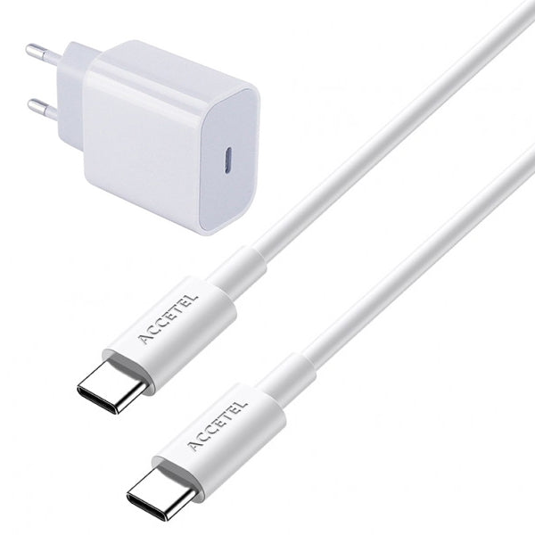 Kit Base de Carregador Type C Fastcharge 20w + Cabo de Carregamento Type C - Type C 100w Accetel Para Apple iPhone 16 - Branco