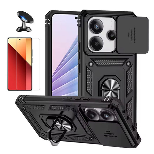 Kit Vidro Temperado Cleargorilasglass + Capa de Proteção Militar Magnética Janela + Suporte Magnético Gift4Me Para Xiaomi Redmi Note 14 5G - Preto