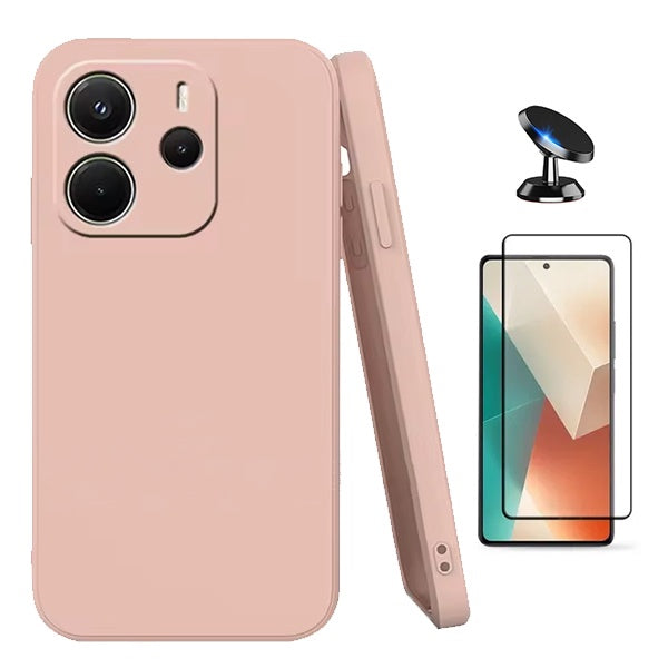 Kit Película de Vidro Temperado Gorilasglass + Capa Proteção Silicone + Suporte Magnético GIFT4ME Para Xiaomi Redmi Note 14 5G - Rosa