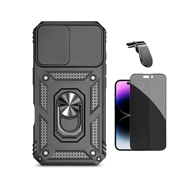 Kit Película de Vidro Temperado Privacidade + Capa de Proteção Militar Magnética Janela + Suporte de Carro Magnético L GIFT4ME Para Apple iPhone 17 Pro - Preto
