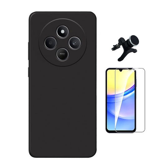 Kit Vidro Temperado Cleargorilasglass + Capa Proteção Silicone +  Suporte Reforçado de Carro Gift4Me Para Xiaomi Redmi 14R - Preto