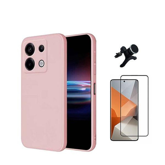 Kit Película de Vidro Temperado Gorilasglass + Capa Proteção Traseira Silicone + Suporte Reforçado de Carro GIFT4ME Compativel Com Xiaomi Redmi Note 13 Pro 4G - Rosa