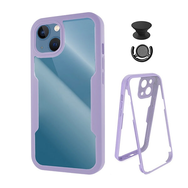 Kit Capa 360° Proteção Frente e Verso + 1 Handholder + 1 Suporte Handholder Preto Gift4Me Para Apple iPhone 13 Mini - Roxo / Preto