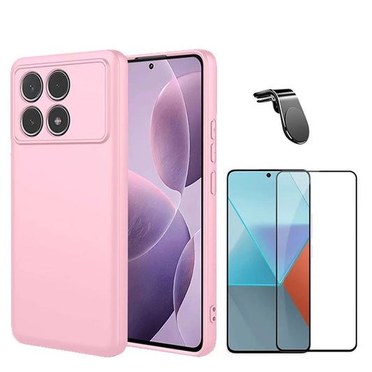 Kit Película de Vidro Temperado Gorilasglass + Capa Proteção Traseira Silicone + Suporte Magnético L GIFT4ME Compativel Com Xiaomi Poco F6 Pro - Rosa