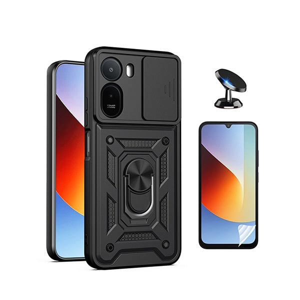 Kit Película Protectora de Hydrogel Frente + Capa de Proteção Militar Magnética Janela + Suporte Magnético GIFT4ME Para Xiaomi Redmi A7 Pro - Preto