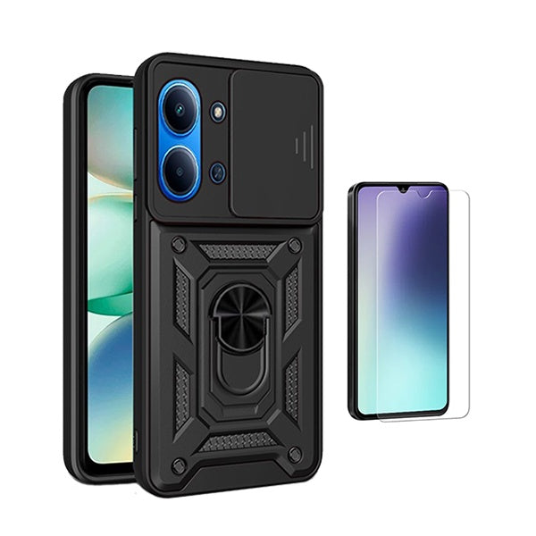 Kit Vidro Temperado Cleargorilasglass + Capa de Proteção Militar Magnética Janela GIFT4ME Para Xiaomi Poco C85 - Preto