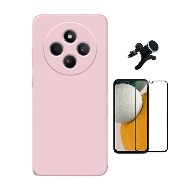 Kit Película de Vidro Temperado Gorilasglass + Capa Proteção Silicone + Suporte Reforçado de Carro Gift4Me Para Xiaomi Redmi 14C - Rosa