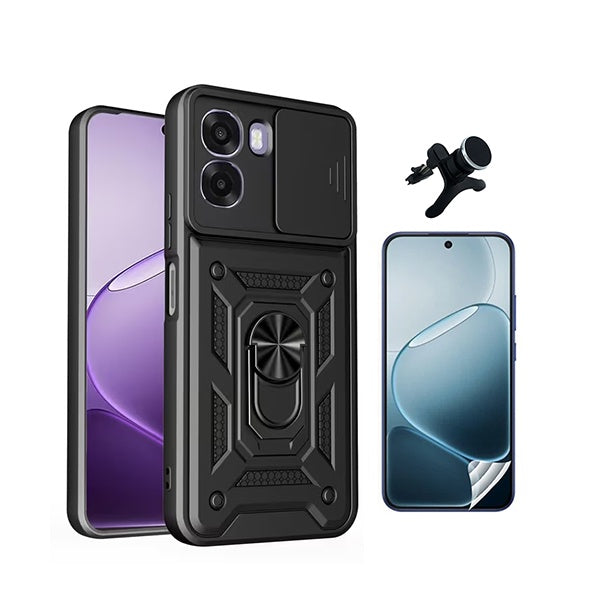 Kit Película Protectora de Hydrogel Frente + Capa de Proteção Militar Magnética Janela + Suporte Magnético Com Pernas  GIFT4ME Para Oppo A6x - Preto