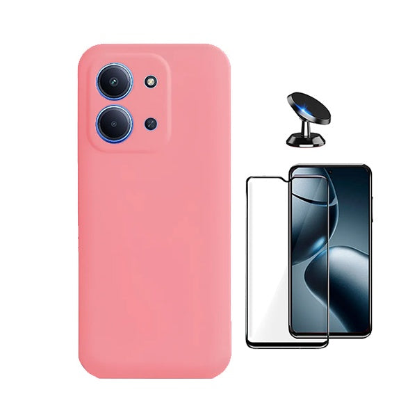Kit Película de Vidro Temperado Gorilasglass + Capa Proteção Silicone + Suporte Magnético GIFT4ME Para Xiaomi Redmi 15C - Rosa