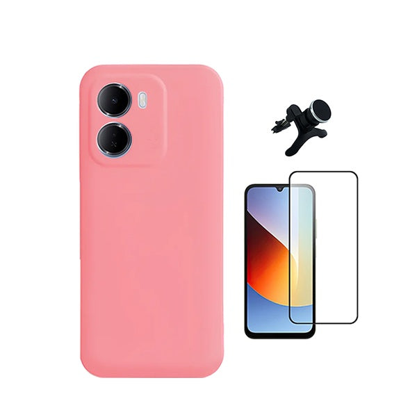 Kit Película de Vidro Temperado Gorilasglass + Capa Proteção Silicone + Suporte Reforçado de Carro GIFT4ME Para Xiaomi Redmi 15a 5G - Rosa