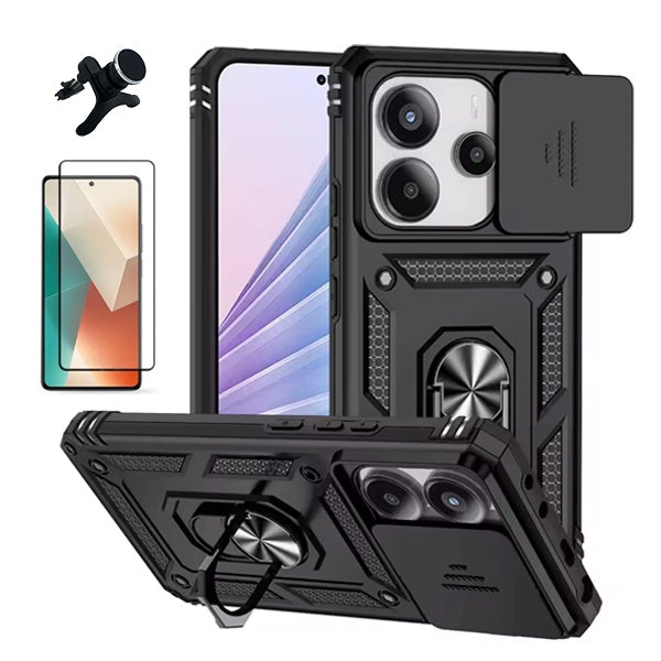 Kit Película de Vidro Temperado Gorilasglass + Capa de Proteção Militar Magnética Janela + Suporte Magnético Com Pernas Gift4Me Para Xiaomi Redmi Note 14 - Preto