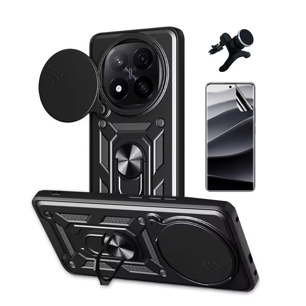 Kit Película Protectora de Hydrogel Frente + Capa de Proteção Militar Magnética Janela + Suporte Magnético Com Pernas  Gift4Me Para Xiaomi Redmi Note 14 Pro + Plus - Preto