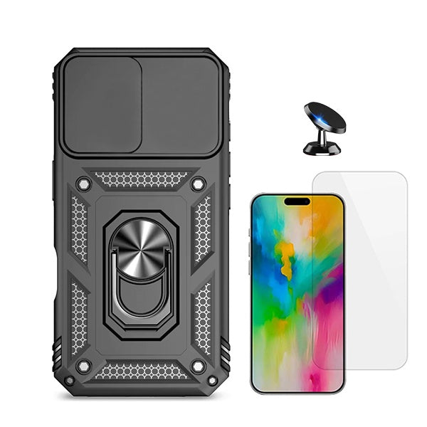 Kit Vidro Temperado Cleargorilasglass + Capa de Proteção Militar Magnética Janela + Suporte Magnético GIFT4ME Compativel Com Apple iPhone 16 - Preto