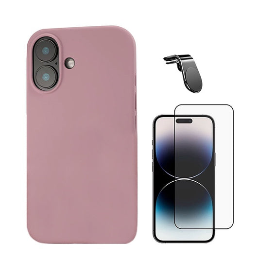 Kit Película de Vidro Temperado Gorilasglass + Capa Proteção Traseira Silicone + Suporte Magnético L GIFT4ME Compativel Com Apple iPhone 16 - Rosa