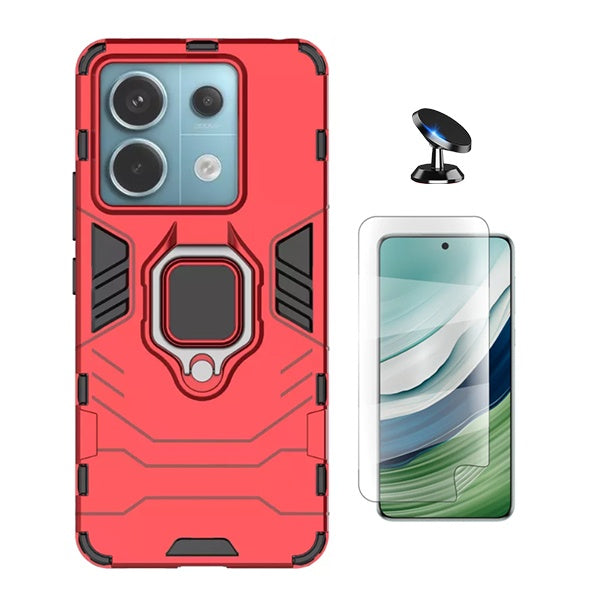 Kit Película Protectora de Hydrogel Frente + Capa de Proteção Militar Magnética + Suporte Magnético Gift4Me Para Xiaomi Redmi Note 13 - Vermelho