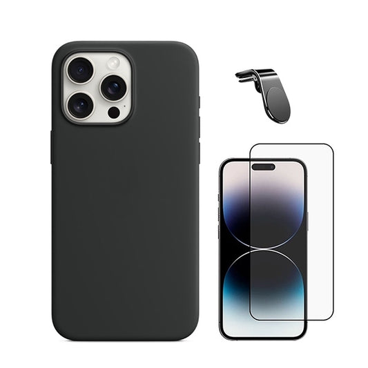 Kit Película de Vidro Temperado Gorilasglass + Capa Proteção Traseira Silicone + Suporte Magnético L GIFT4ME Compativel Com Apple iPhone 16 Pro - Preto