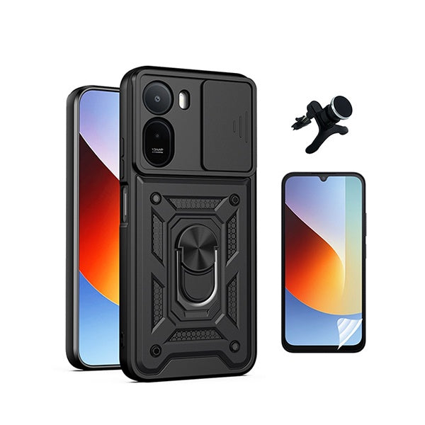 Kit Película Protectora de Hydrogel Frente + Capa de Proteção Militar Magnética Janela + Suporte Magnético Com Pernas  GIFT4ME Para Xiaomi Redmi A7 Pro 4G - Preto