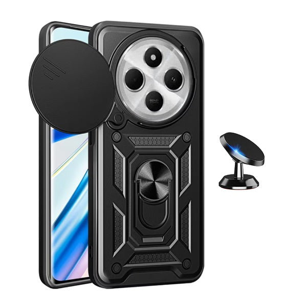 Kit Suporte Magnético + Capa de Proteção Militar Magnética Janela Deslizante Gift4Me Para Xiaomi Redmi 14C 5G - Preto