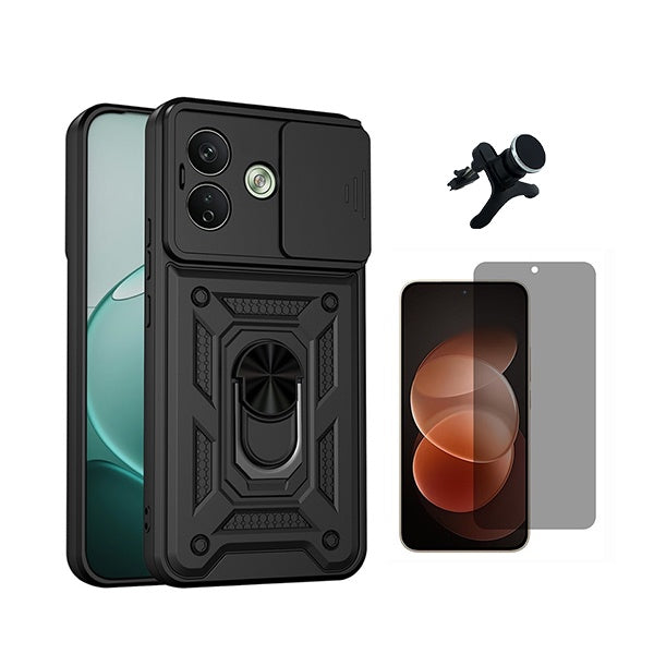 Kit Película de Vidro Temperado Privacidade + Capa de Proteção Militar Magnética Janela +  Suporte Magnético Com Pernas  GIFT4ME Para Xiaomi Redmi Note 17 Pro 5G - Preto