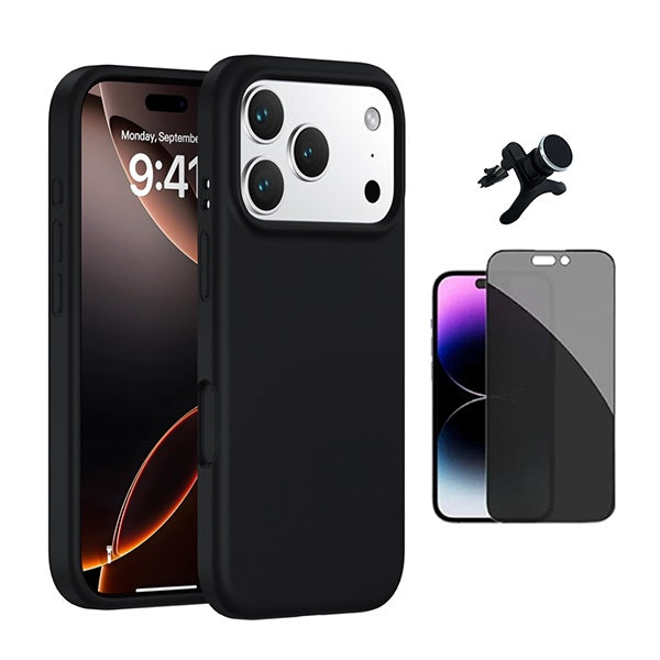 Kit Película de Vidro Temperado Privacidade + Capa Proteção Silicone + Suporte Reforçado de Carro  GIFT4ME Para Apple iPhone 17 Pro - Preto