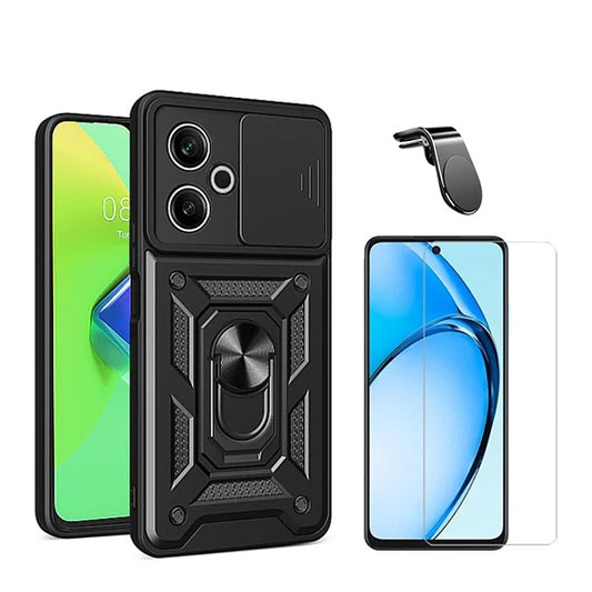 Kit Vidro Temperado Cleargorilasglass + Capa de Proteção Militar Magnética Janela + Suporte de Carro Magnético L GIFT4ME Compativel Com Xiaomi Redmi 13 5G - Preto