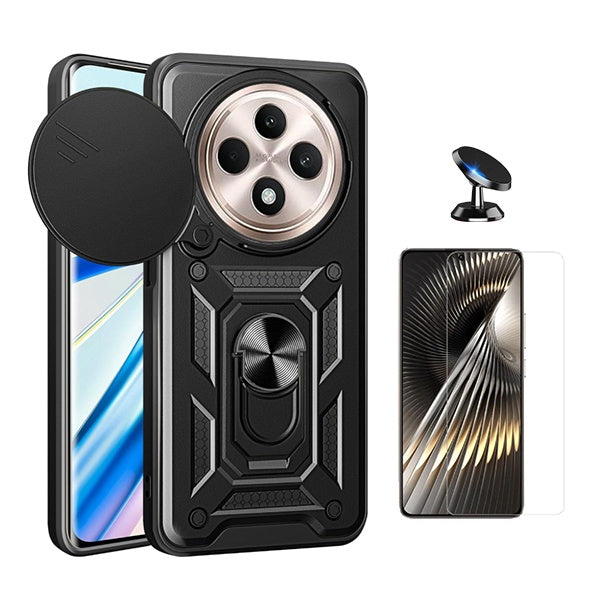 Kit Vidro Temperado Cleargorilasglass + Capa de Proteção Militar Magnética Janela + Suporte Magnético Gift4Me Para Oppo Reno12 F 5G - Preto