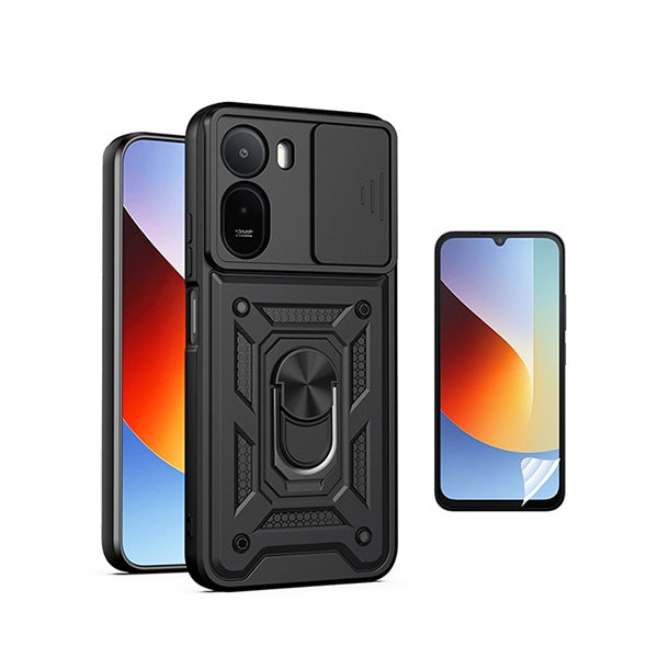Kit Película Protectora de Hydrogel Frente + Capa de Proteção Militar Magnética Janela GIFT4ME Para Xiaomi Redmi A7 Pro - Preto