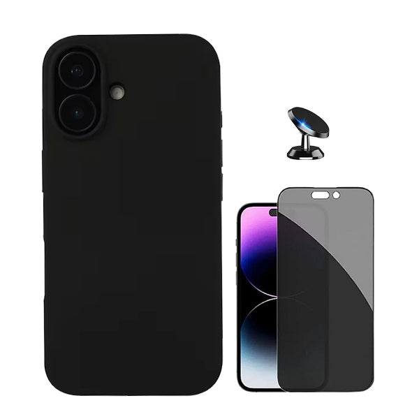 Kit Película de Vidro Temperado Privacidade + Capa Proteção Traseira Silicone + Suporte Magnético GIFT4ME Compativel Com Apple iPhone 16 Plus - Preto